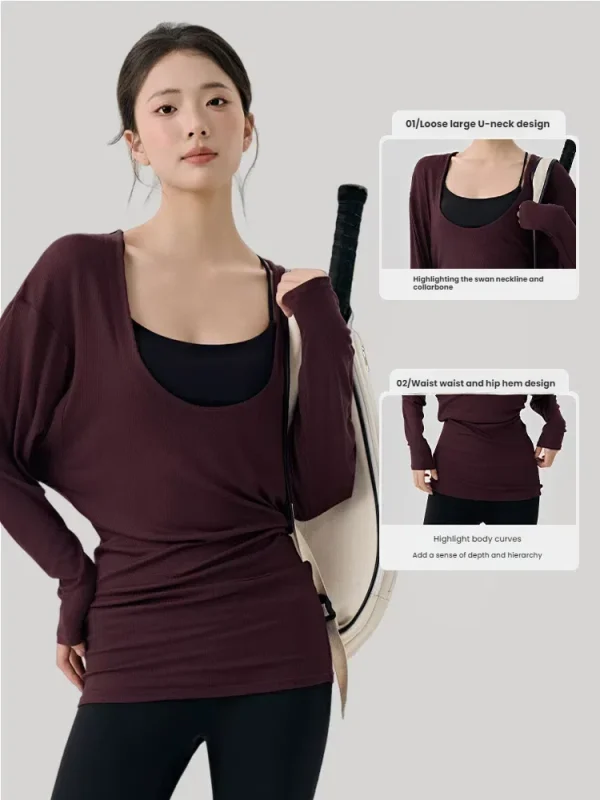 T-shirt da allenamento a pipistrello a maniche lunghe con scollo a U oversize da donna T-shirt da allenamento ampia con copertura per esercizi sui fianchi T-shirt da palestra per pilates 3