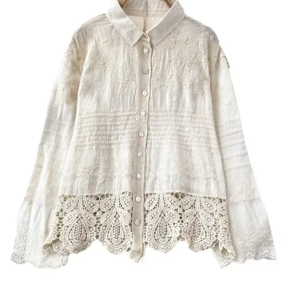 Camicia elegante patchwork in pizzo ricamato in cotone con colletto ampio a maniche lunghe e bottone singolo per donna Moda primavera autunno 5