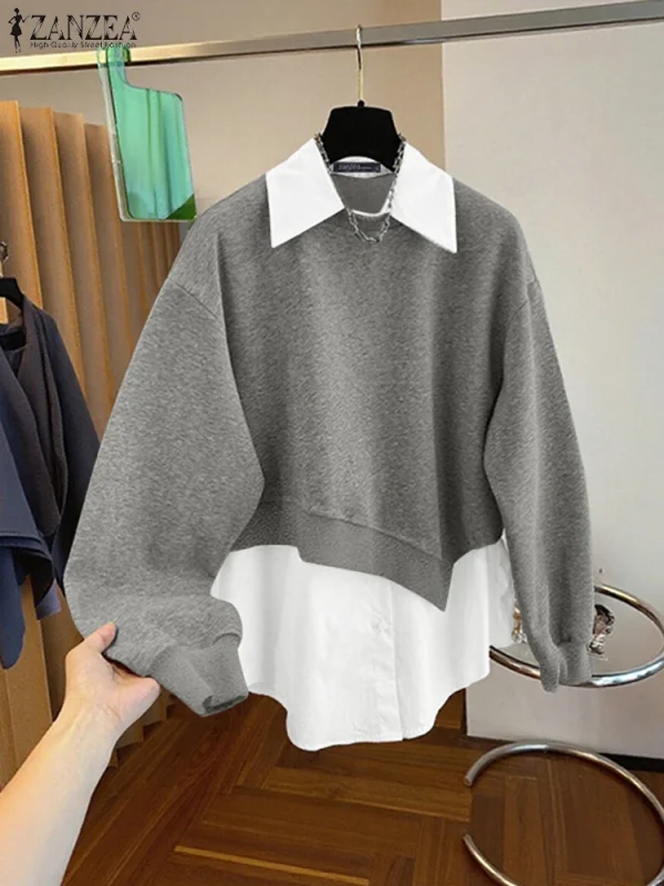 2025 ZANZEA Felpe da donna Elegante autunno Felpe con cappuccio Top a maniche lunghe Elegante OL Camicetta da lavoro Pullover Risvolto Patchwork Blusas 1