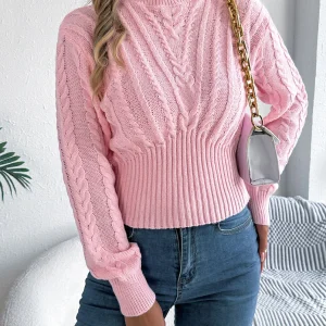 Maglioni lavorati a maglia twist tinta unita da donna 2025 Autunno Inverno Casual Collo a lupetto Vita che abbraccia Lanterna Pullover a maniche lunghe Rosa 1