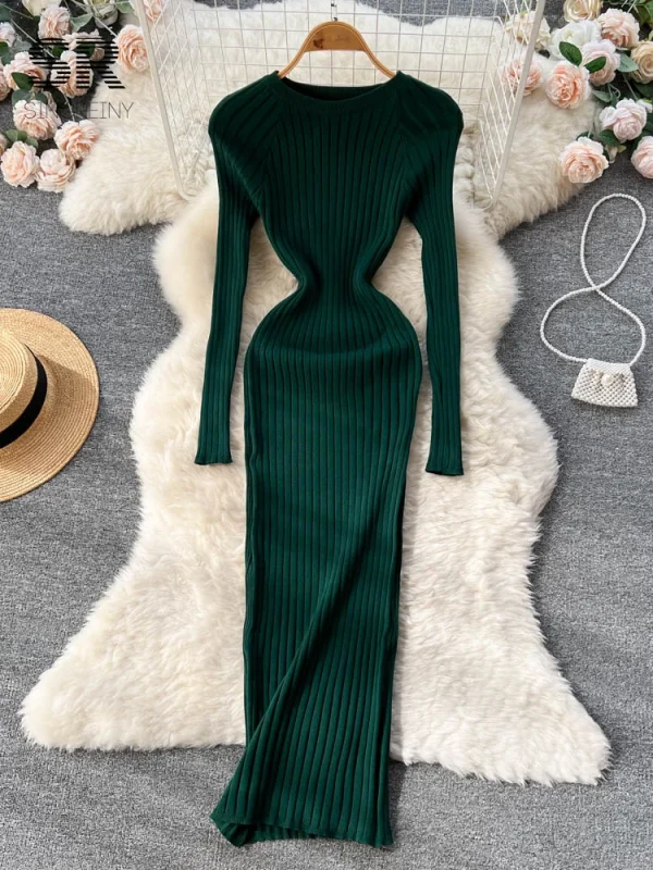 SINGREINY Abito lungo in maglia da donna invernale o collo autunno manica lunga slim solido Harajuku moda donna maglione a matita abiti lunghi 2