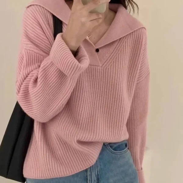 2025 Maglione lavorato a maglia strutturato con colletto blu scuro alla moda da donna Top casual pullover morbido e caldo stile pigro invernale 2