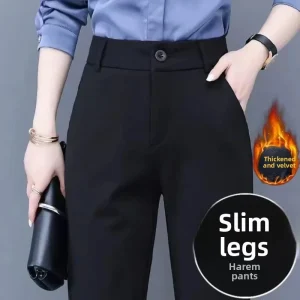 Pantaloni da donna a gamba dritta spessa foderata in pile a vita alta Pantaloni da lavoro autunno inverno Pantaloni professionali OL neri dimagranti drappeggiati 1