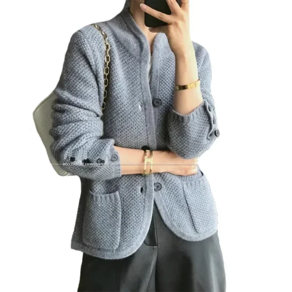 Autunno inverno nuovo addensato 100% Cashmere lana Cardigan donna Stand collo maglione maglione sciolto maglia Base maglione di lana giacca 5