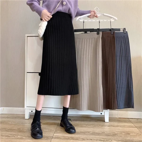 Minigonna longuette lavorata a maglia nera da donna a vita alta slim fit aderente gonne divise autunno inverno primavera moda elegante 1