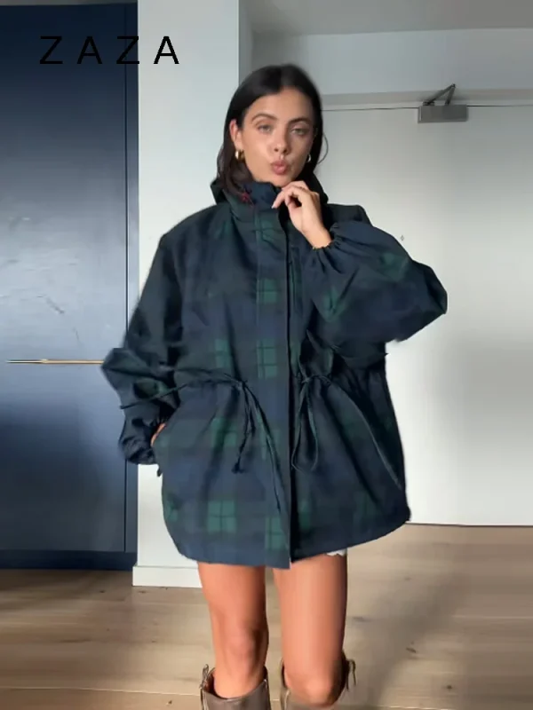 Giacca da donna allentata con griglia vintage Cappotto con colletto allentato oversize con cappuccio a maniche lunghe Capispalla con lacci 2025 New Lady Streetwears 2