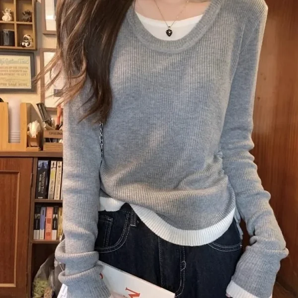 Camicia base con coulisse a blocchi di colore dal design dimagrante Abbigliamento interno da donna T-shirt color farina d'avena Girocollo senza maniche Decorazione esterna 4