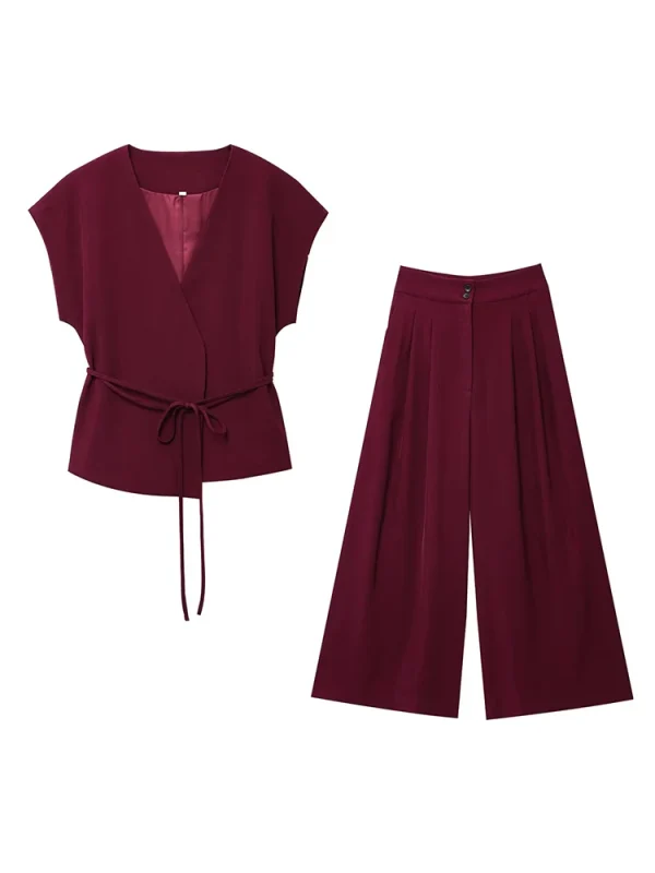 TFMLN Pantaloni da donna alla moda Abiti senza maniche con scollo a V Top con cintura Pantaloni dritti Set 2025 Primavera Estate Pendolari Set da 2 pezzi 3