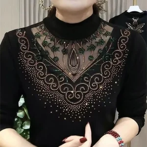 2023 Autunno e Inverno Pullover da donna Mezza collo alto in pizzo Scava fuori Strass Sottile sottofondo Moda Casual Top a maniche lunghe 1