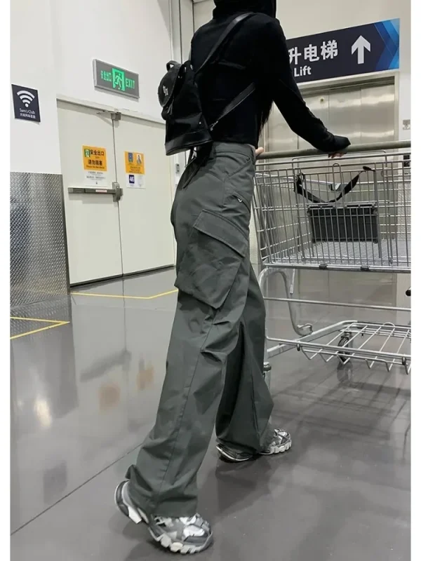 HOUZHOU Pantaloni Cargo da Donna Grigio Vintage Y2k Baggy Stile Coreano Pantaloni a Vita Alta Techwear Estetica Femminile Streetwear Hippie 6