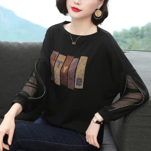 Moda diamanti manica a pipistrello Casual top abbigliamento donna primavera autunno coreano garza impiombata pullover t-shirt tinta unita 1