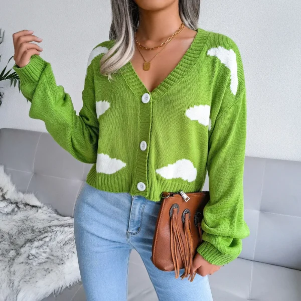 Maglione lavorato a maglia autunno inverno nuvola bianca donna scollo a V manica lunga colori contrastanti cardigan moda abbigliamento casual 5