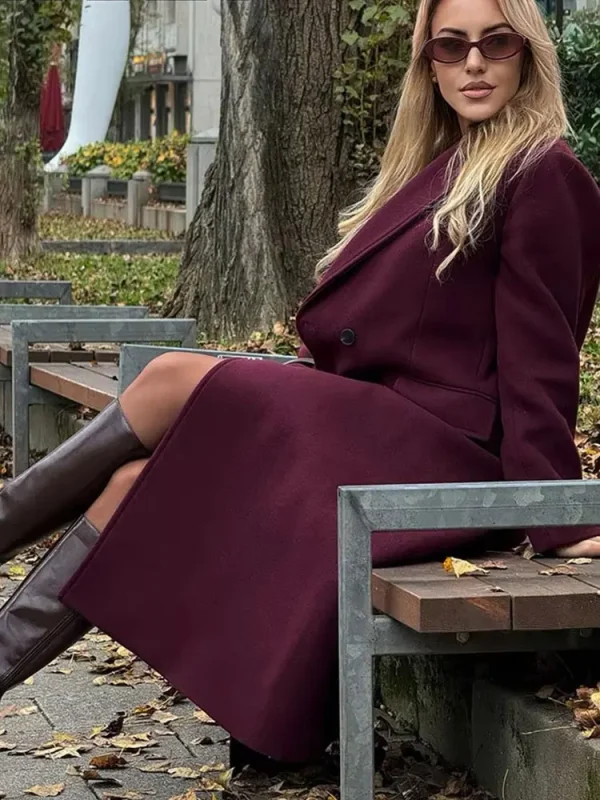 HH Cappotto di lana bordeaux moda donna doppio petto manica lunga bavero misto giacca autunno inverno capispalla High Street 4