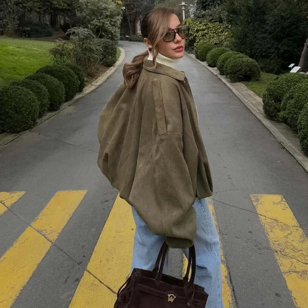 MUJER 2025 Giubbotti bomber in pelle scamosciata da donna Capispalla Giacca oversize Donna Streetwear Zip Cappotti da donna Giacche college imbottite 2