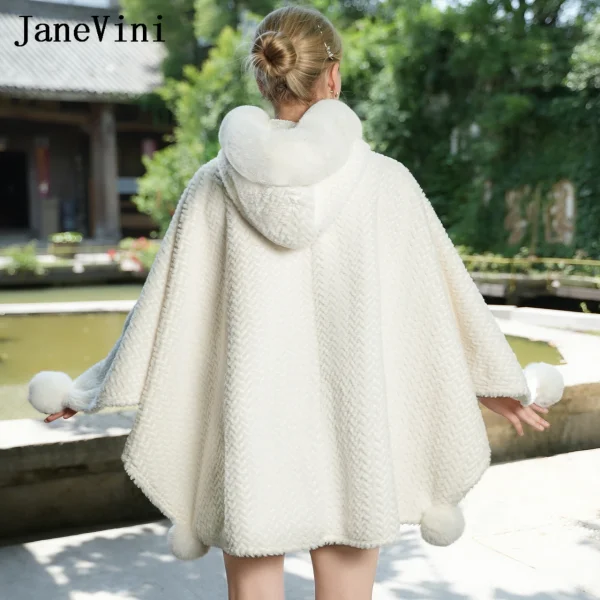 JaneVini Inverno Avorio Con Cappuccio Pelliccia Da Sposa Bolero Fiesta Mujer Elegante Cappotto di Pelliccia Sintetica per Scialle Da Sposa Mantello Coprispalle Sposa Wrap Cape 4