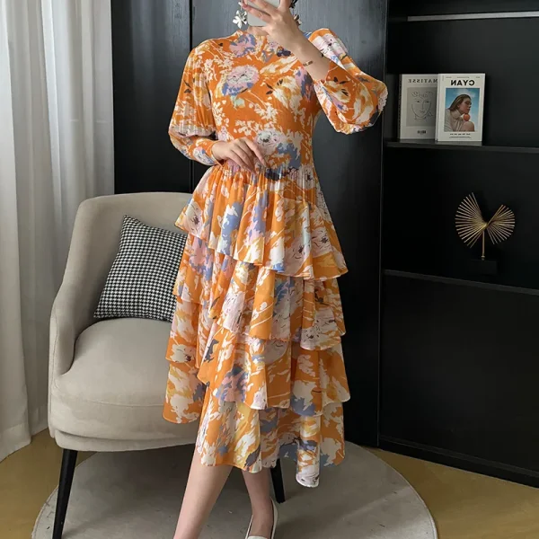 2024 primavera abito longuette plissettato nuovo stile straniero stampa gonna a bolle Vintage vita arricciata floreale abiti Slim abbigliamento donna 4