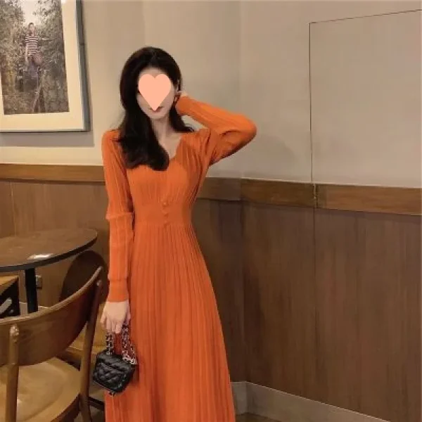Abito maglione lungo lavorato a maglia francese FAshi da donna che impara la vita con scollo a V manica intera autunno inverno nuovo stile abito strato base 3