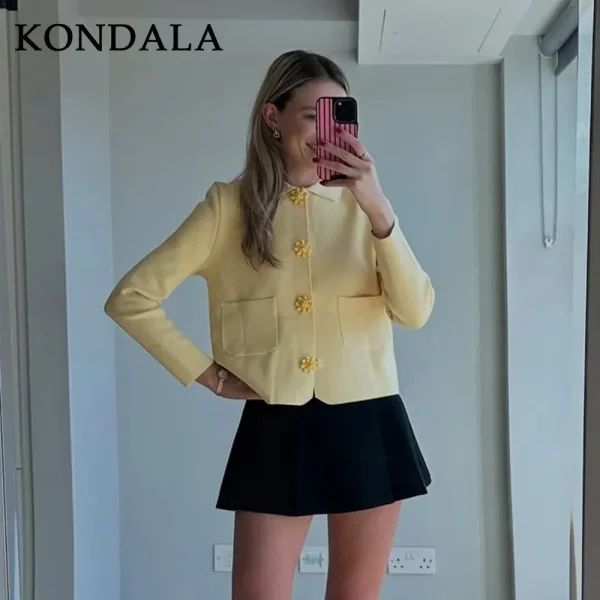 KONDALA 2025 Autunno Inverno Burro Giallo Lavorato A Maglia Donne Giubbotti Moda Streetwear Couverture Colletto Solido Bottone Dritto Cappotti Della Signora 3