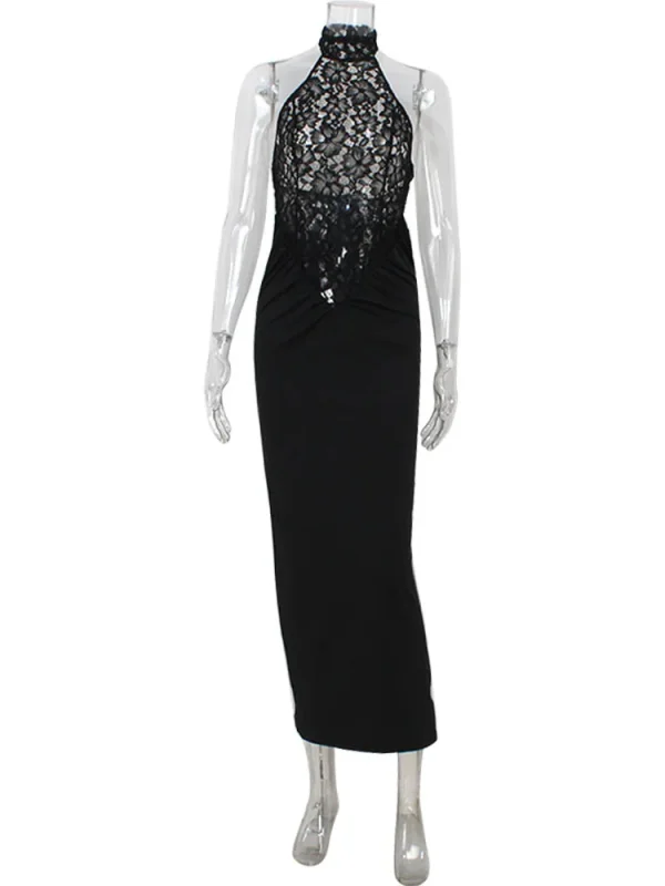 Ahagaga Sexy Women's Maxi Dresses Solid Sheath Lace Sleeveless Turtleneck Slim Fit Bodycon Elegant Party Female Vestidos Robes 6