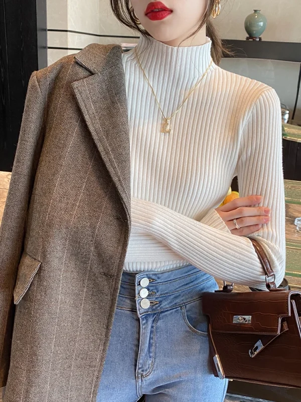 Top eleganti in maglia basic tinta unita maglione da donna con collo alto manica lunga pullover casual sottile moda coreana abiti semplici chic 4