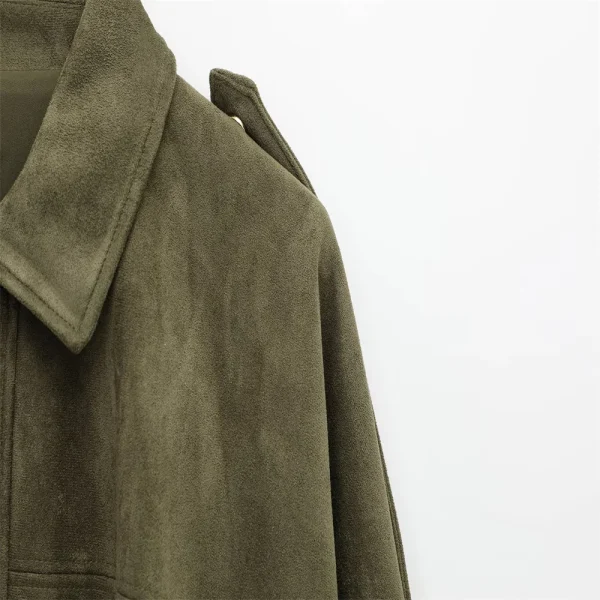 2025 Giacca da donna con colletto in finta pelle scamosciata con spalline, vestibilità ampia, elegante verde oliva in vendita 4