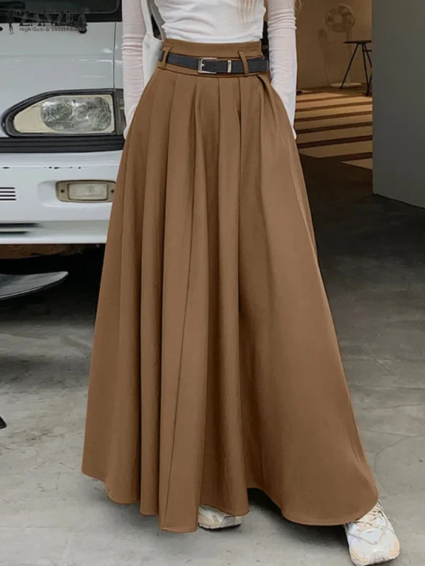 ZANZEA donna vita alta Jupe2024 primavera Vintage ufficio Falda moda coreana gonna a pieghe altalena vacanza allentata Maxi gonna solida 4