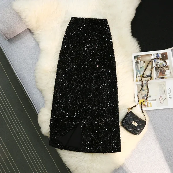 Seoulish Autunno Inverno Velluto A Vita Alta Con Paillettes Wrap A-Line Gonne 2024 Nuovo Elegante Indietro Split Gonne a Matita Femminile 2