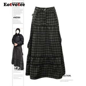EOTVOTEE Gonne scozzesi per le donne Patchwork Gonne a pieghe casual Primavera Estate 2025 Gonne lunghe a vita alta femminili di nuova moda 1