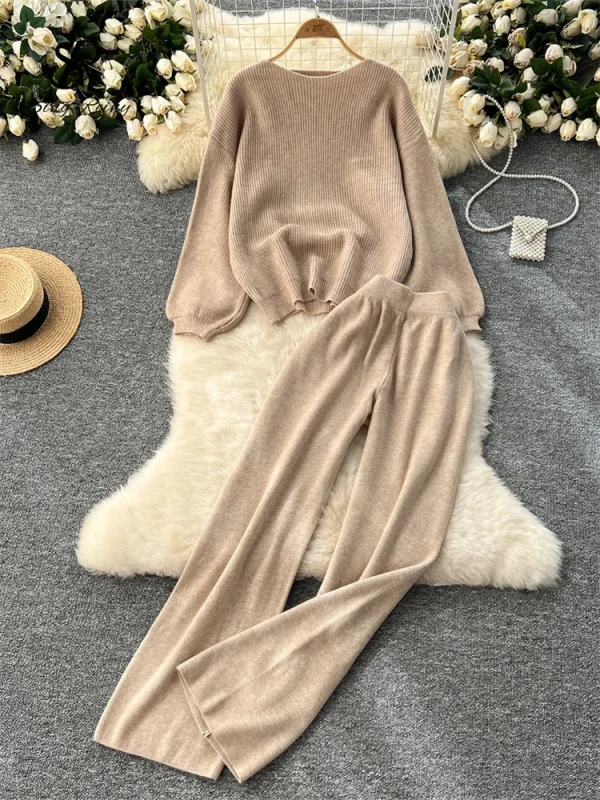SINGREINY 2025 Inverno Spessore Abiti da donna Maglione allentato Top + Vita alta Gambe larghe Pantaloni lunghi Autunno Solido Causale Caldo Set da 2 pezzi 5