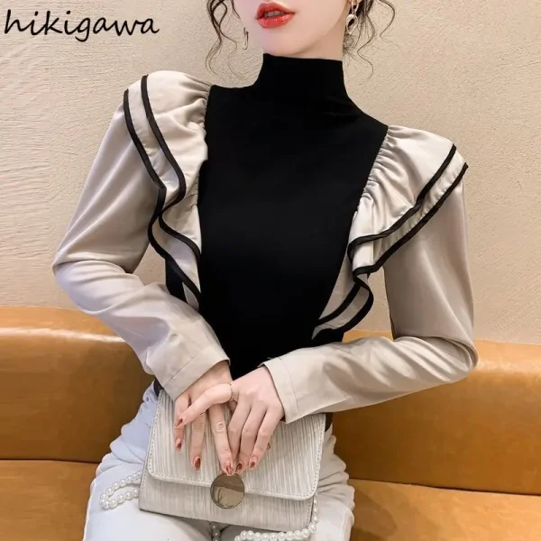 Colore a contrasto Donna T-shirt Dolcevita a maniche lunghe Slim Fit Tees Coreano Camisetas Moda Ruffles Y2k Tshirt 2025 Ropa Mujer 3