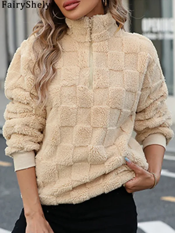Fairyshely 2025 Autunno Collo alto Donna Felpe con cappuccio Inverno Manica lunga Cerniera Felpa calda Casual Lady Allentato Peluche Pullover Top 5