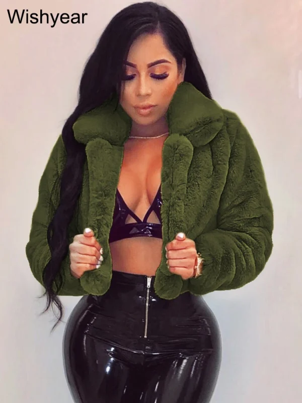 Moda pelliccia sintetica punto aperto risvolto giacche Crop abbigliamento donna autunno inverno solido manica lunga caldo peloso soffice cappotto esterno usura 2