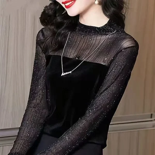 Top a maniche lunghe slim autunno inverno in pizzo Nuovo temperamento a rete T-shirt base a collo alto alla moda 1