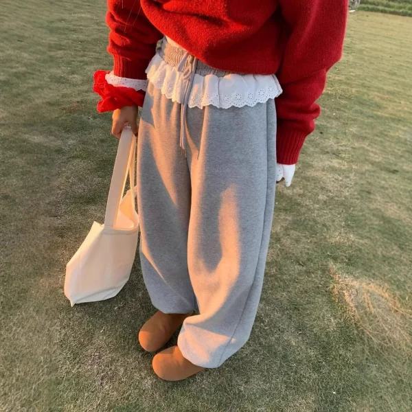 Pantaloni dimagranti a gamba larga Patchwork in pizzo con coulisse Pantaloni casual larghi da donna Lunghezza pavimento Stile pendolare Fibra di poliestere 1