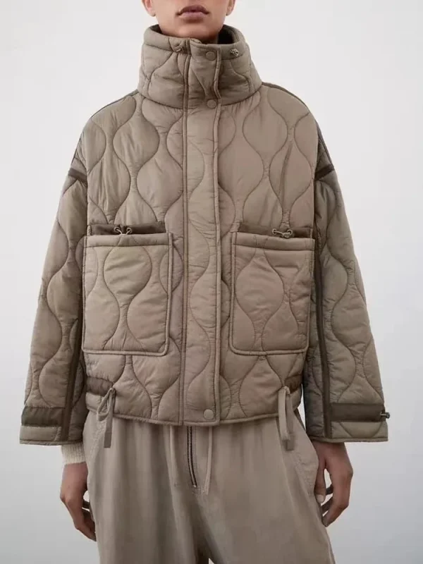 Giacca donna in cotone caldo Autunno e Inverno Colletto in piedi Manica lunga Zip frontale con bottoni Giacca Vintage 3