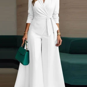 ZANZEA Elegante 2 Pezzi Set di Pantaloni a Maniche Lunghe con Cintura Giacca Leggera e Pantaloni a Gamba Larga 2 Pezzi Abiti da Ufficio Set da Pendolarismo da Donna 1