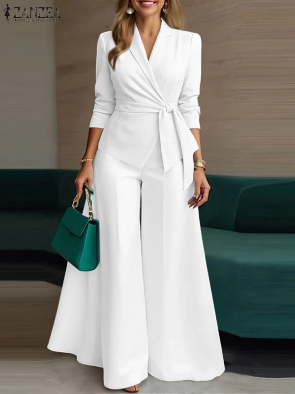 ZANZEA Elegante 2 Pezzi Set di Pantaloni a Maniche Lunghe con Cintura Giacca Leggera e Pantaloni a Gamba Larga 2 Pezzi Abiti da Ufficio Set da Pendolarismo da Donna 1