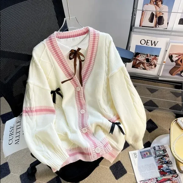 Deeptown Dolce Coquette Maglioni Cardigan Donna Kawaii Fiocco Cardigan lavorato a maglia Stile preppy giapponese Lolita Maglieria JK Maglioni 5