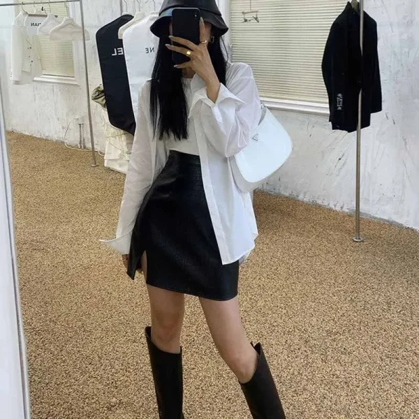 Gonne in pelle nera con spacco laterale sexy Gonna a tubino da donna da ufficio slim fit moda coreana femminile Gonna aderente in PU alla moda di High Street 3