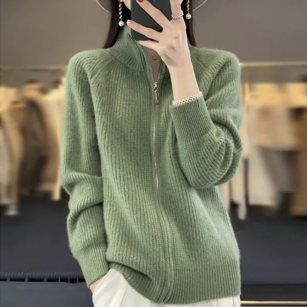 Cardigan con cerniera in pura lana al 100%, spalla imbottita, colletto alla coreana, cappotto lavorato a maglia in cashmere da donna, nuovo maglione con risvolto 4