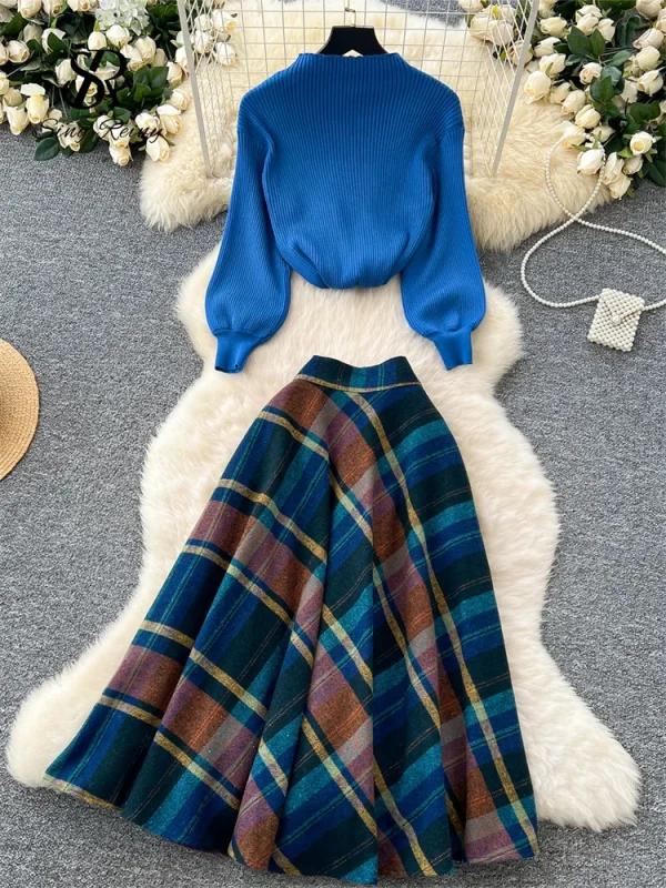 SINGREINY Moda Primavera Lavorato A Maglia Due Pezzi Set Donne Pullover Allentati + Plaid Una Linea Gonna Lunga High Street Stampa Abiti Casual 2