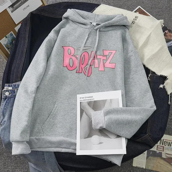 Felpa con cappuccio con stampa di lettere Bratz Autunno Inverno in pile a maniche lunghe Felpa con cappuccio versatile casual unisex Stile streetwear 4
