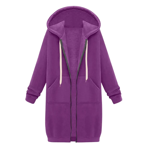 2024 delle nuove donne zip up felpe con cappuccio in pile oversize tunica lunga felpe casual manica lunga autunno con cappuccio tasche cappotto solido 4