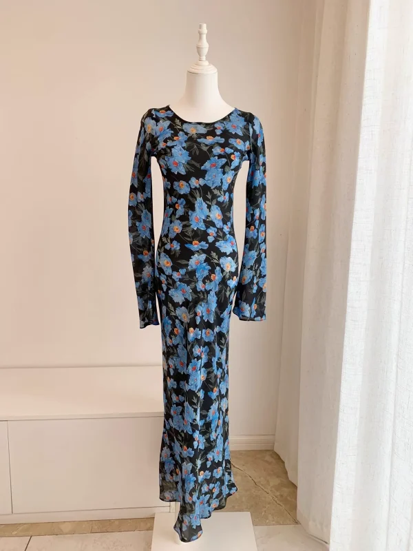 Abito lungo da donna in seta 100% con stampa floreale blu, girocollo, manica lunga, abito slim vintage 2