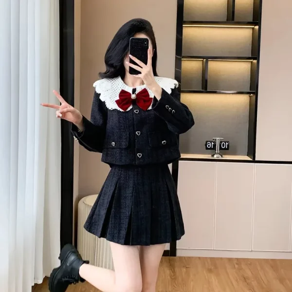 Real Shot Autunno Inverno New Rich Family Heriress Stile classico Colletto per bambola Giacca corta con giunture in pizzo Gonna a pieghe Set da due pezzi 4
