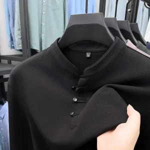 T-shirt a maniche lunghe da uomo 2024 nuova primavera e autunno felpa con cappuccio casual da uomo in stile cinese con colletto rialzato con base in cotone 1