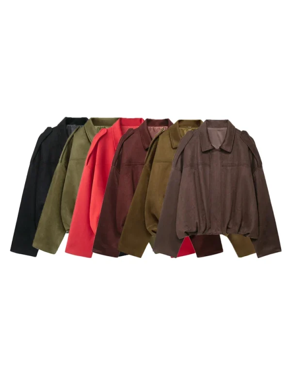 Giacca bomber oversize da donna in finta pelle scamosciata a maniche lunghe, capispalla chic e larghi, top alla moda femminile per la primavera, l'autunno, l'inverno 1