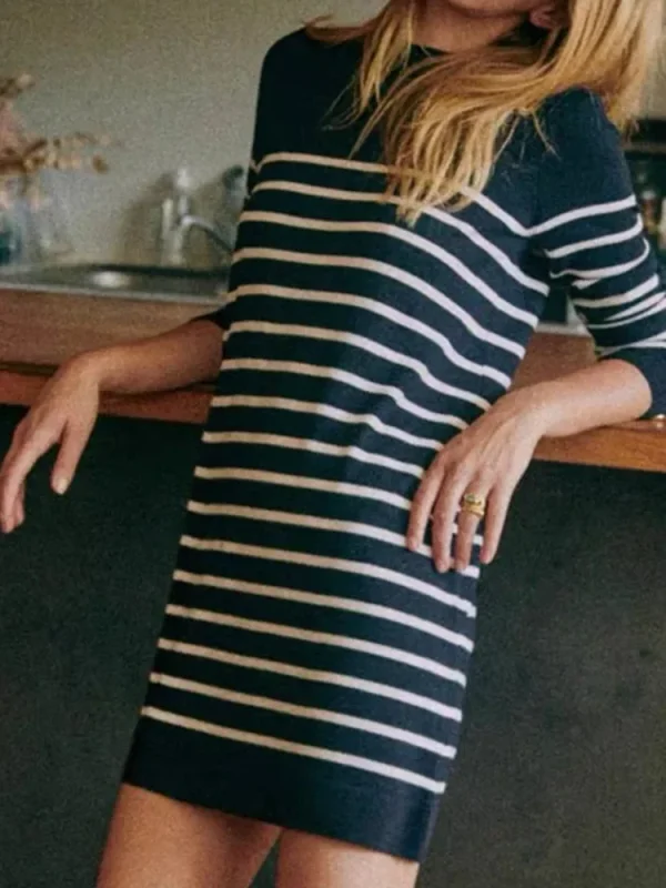 Abito corto lavorato a maglia da donna francese Mini vestaglia femminile a maniche lunghe con scollo a O nero o strisce 3