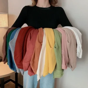 Camicia base da donna a maniche lunghe slim fit Elasticità Maglione lavorato a maglia stile base in puro colore Autunno Inverno Nuovo arrivo Versi coreano 1