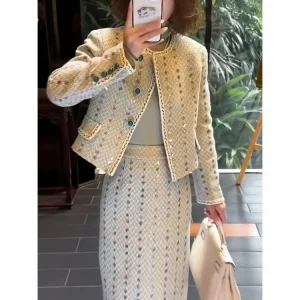O-Collo Piccolo Profumato Manica Lunga Abbigliamento Donna 2025 Autunno Coreano Chic Abito Elegante Casual Semplice Nicchia Femminile Due Pezzi Set 1
